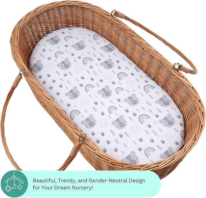 TansyPanda Bassinet Sheets for Munchkin Brica Pod, 4moms MamaRoo, Nordmiex, Beberoad Travel Bassinet, 3PC, 18 x 30 Inch, Ultra Soft, Breathable, Snug Fit, Unisex Boys and Girls (Woodland Rainbow)
