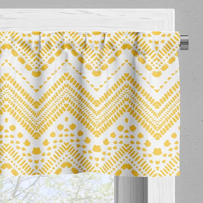 Ambesonne Yellow Chevron Valance & Tier Curtain 3 pcs Set, Hand Drawn Aztec Pattern Primitive Clan Motif with Dashed Lines Artwork, Window Treatments for Kitchen Room Decor, 55" x 24", Mustard White