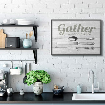 Stupell Industries Gather Silverware Kitchen Wood Texture Word, Design by The Saturday Evening Post Wall Art, 24 x 30, Black Framed