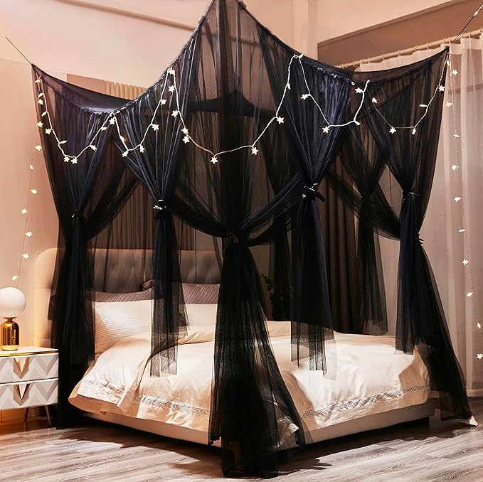 Mengersi Bed Canopy Canopy Bed Curtains with Lights- 4 Corners Post Royal Bed Drapes Mosquito Net- Elegant Bedroom Decoration Accessories for Adults(California King,Black)
