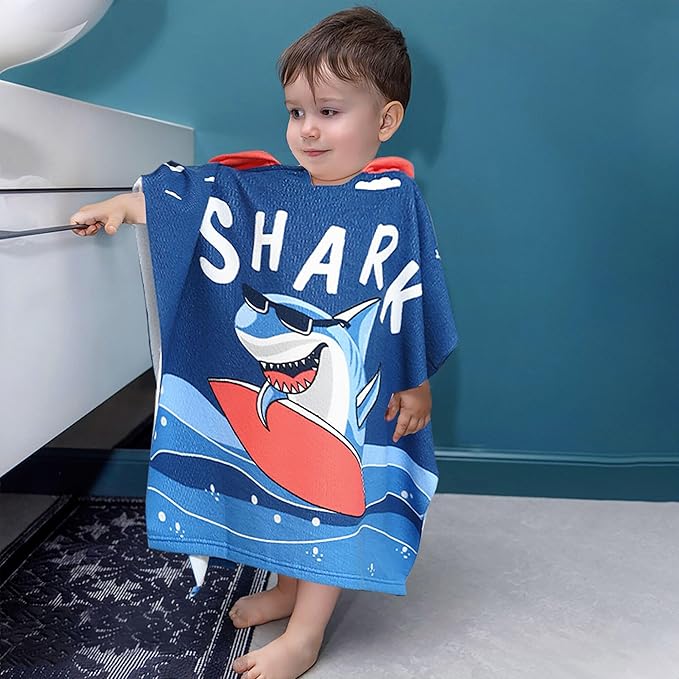 Shark Beach Towel for Ages 1-4, Cute Kids Hooded Bath Towel, 47.2" x 23.6" Super Absorbent Toddler Bath Towel