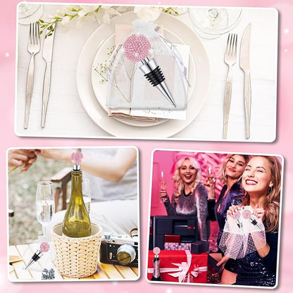 Crystal Wine Bottle Stopper Diamond Wine Stoppers Reusable Zinc Alloy Silicone Beverage Saver Corks Wine Decorative Bottle Stoppers with Sheer Bags for Wedding Bar Gifts(Pink,24 Set)