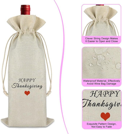 Friendship Gift Thanksgiving Gift for Friends Thanksgiving Decorations Burlap Wine Bags Thanksgiving Themed Gift Happy Thanksgiving Gift for Women Men Christmas Gift Drawstring Wine Bottle Wrap Bag