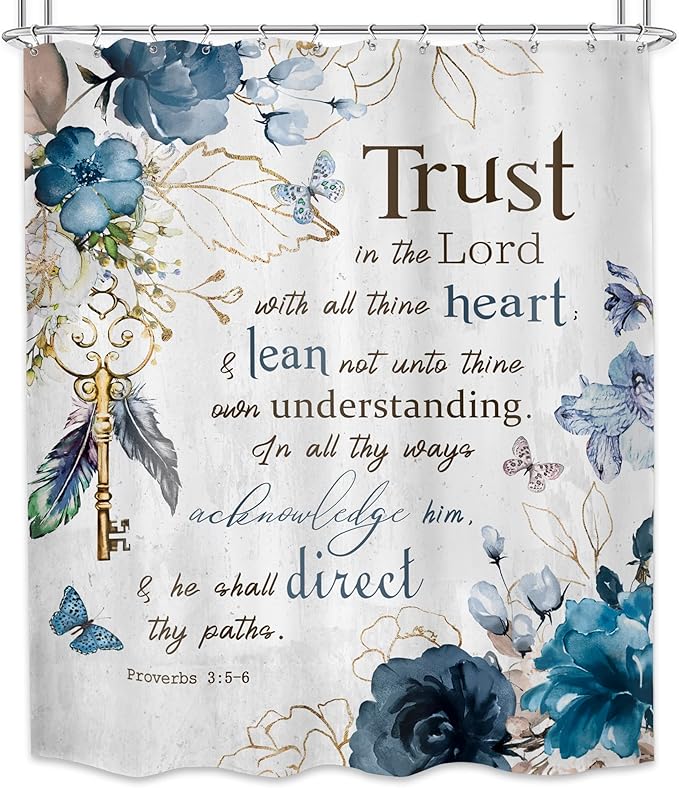 MESHELLY Christian Shower Curtain 60Wx72H Bible Verse Rustic Farmhouse Teal Flower Bathroom Curtain Scriptures Floral Bath Curtain Fabric Inspirational Quote Motivational Bathroom Decor with 12 Hooks
