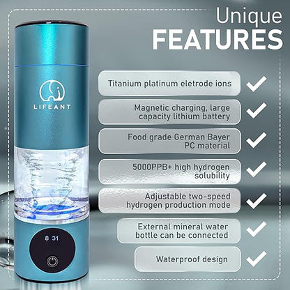Hydrogen Water Bottle Generator–5000PPB Hydrogen Water Machine–Hydrogen Bottle Water with Adjustable Speed – Food-Grade Water Ionizer–Blue Pro