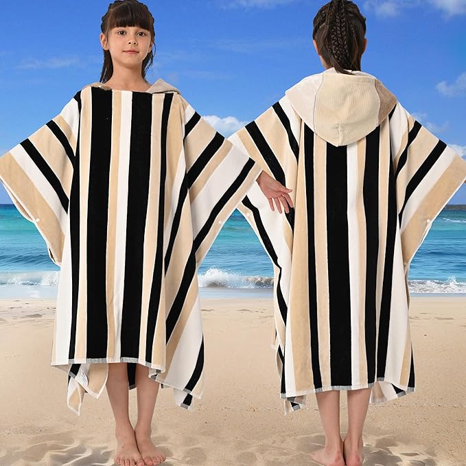 VOOVA & MOVAS Hooded Beach Towels for Teens (8-16Years), 100% Cotton Thick Poncho Towel for Big Kids, Perfect for Pool, Beach, Bath, Brown Black Stripe