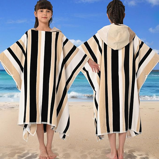 VOOVA & MOVAS Hooded Beach Towels for Teens (8-16Years), 100% Cotton Thick Poncho Towel for Big Kids, Perfect for Pool, Beach, Bath, Brown Black Stripe