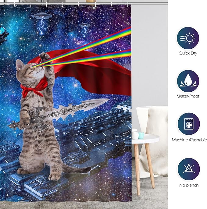 Aimego Extra Long Shower Curtain - Funny Cute Cool Cat on Fantasy Outer Space Galaxy Universe UFO Fabric Cloth Shower Curtain Set with 12 Hooks Bathroom Decor Accessories Bathtub Curtain, 72"x84"