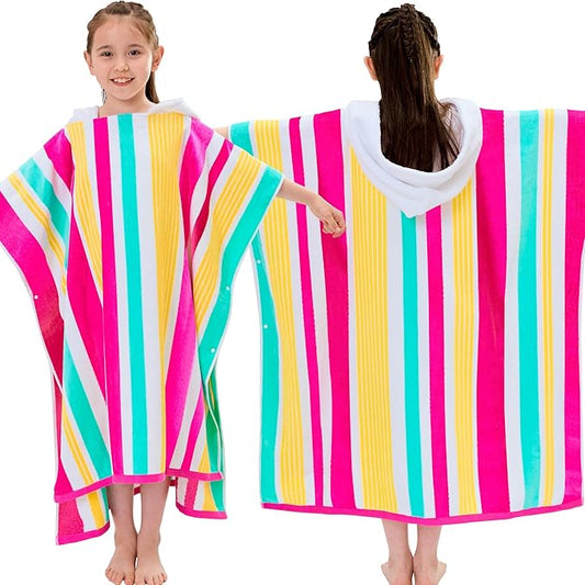 VOOVA & MOVAS Big Kids Cotton Poncho Towels with Hood (8-16Years), Thick Poncho Towel Robe for Kids, Perfect for Pool, Beach, Bath and Gifts, Red Green Yellow Stripe