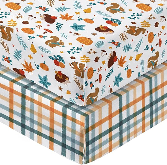 Horaldaily 2 Pack Fitted Crib Sheet for Boys Girls,Soft Breathable Washable Jersey Microfiber Baby Crib Sheet, Fits Standard Size Crib Mattress 28in x 52in, Animals Stripe Nursery Sheet Green/Orange