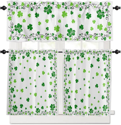 St. Patrick's Day Kitchen Curtains and Valances Set, Green Shamrock Irish Clover Window Tiers Seasonal Spring Holiday Half/Short Curtains for Small Windows Cafe /Living Room/ Bedroom 54x24 in
