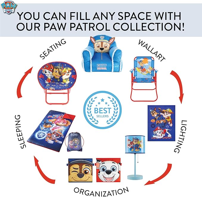 Idea Nuova Paw Patrol Kids Nylon Bean Bag Chair with Piping & Top Carry Handle Large