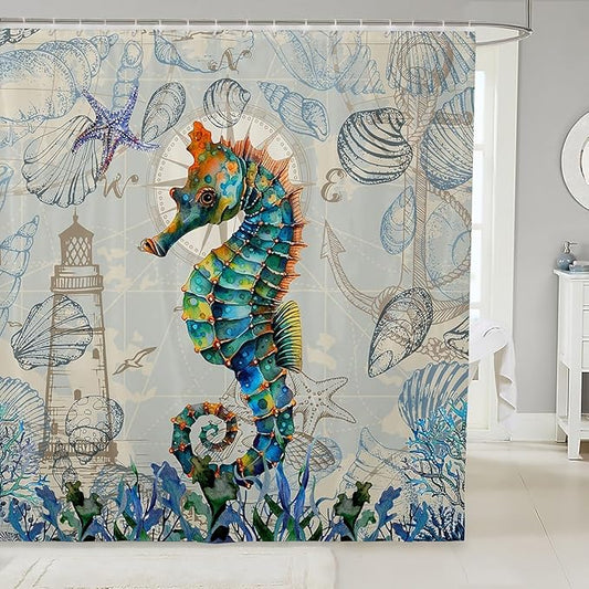 Feelyou Seahorse Fabric Shower Curtain Under Sea Animals Shower Curtain for Kids Shells and Corals Bathroom Waterproof Accessories with 12 Hooks Watercolor Green and Brown Curtains,72X78 Inches