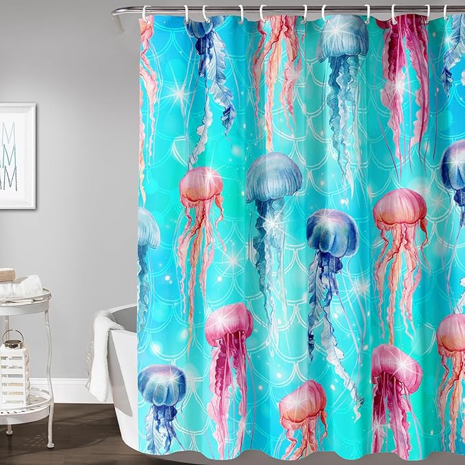 AILONEN Jellyfish Shower Curtain for Bathroom, Ocean Mermaid Scale Printed Bath Curtain,Modern Minimalist Blue Waterproof Fabric Shower Curtain Set with Hooks 72" W*72" H