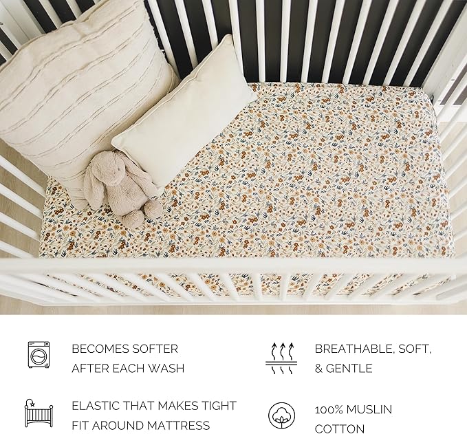 Harvest Floral Muslin Crib Sheet by Mebie Baby, Soft and Breathable Bed Sheets for Babies, Modern Neutral Bedding for Cribs, Standard Crib Mattress Fitted Sheet, Great for Boy or Girl Room or Nursery