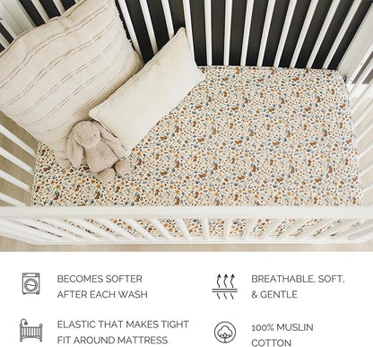 Harvest Floral Muslin Crib Sheet by Mebie Baby, Soft and Breathable Bed Sheets for Babies, Modern Neutral Bedding for Cribs, Standard Crib Mattress Fitted Sheet, Great for Boy or Girl Room or Nursery