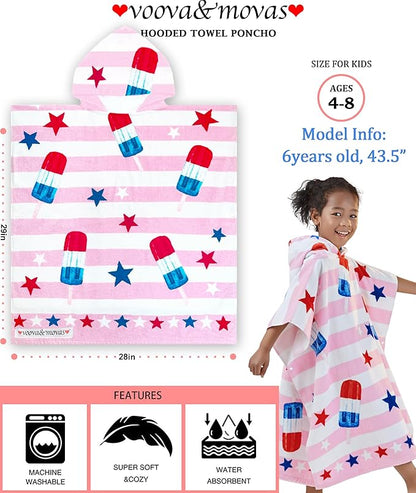 VOOVA & MOVAS Kids Beach Towels with Hood (4-8Years), Super Absorbent Soft Cotton Bath | Pool Towel for Boys and Girls, Perfect for Swim | Gifts, Pink Ice Lolly