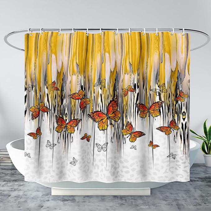 AILONEN Butterfly Shower Curtain for Bathroom Yellow Ink Fluid Painting Grey Leopard Bath Curtain 48" W*72" H Polyester Fabric Waterproof Bathroom Curtain with 12 Hooks
