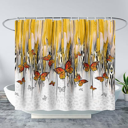 AILONEN Butterfly Shower Curtain for Bathroom Yellow Ink Fluid Painting Grey Leopard Bath Curtain 48" W*72" H Polyester Fabric Waterproof Bathroom Curtain with 12 Hooks