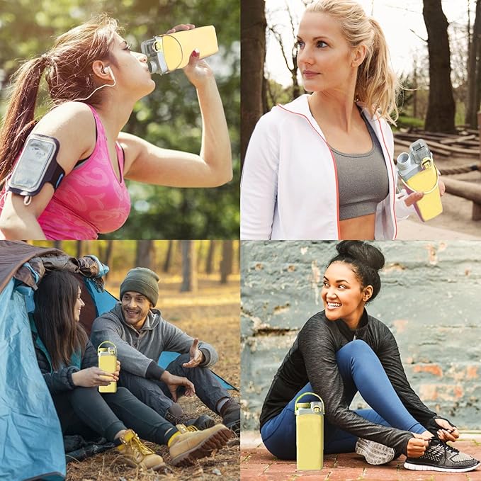 THAIOXYH® Collapsible Water Bottle 20 oz（600ml） Silicone BPA Free Reuseable Lightweight Foldable Water Bottles for Traveling Running Hiking Camping Sports (Yellow)