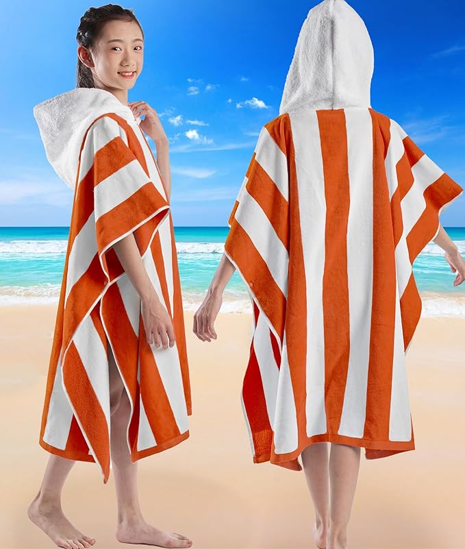 VOOVA & MOVAS Hooded Bath Towel for Big Kids | Large (8-16Years) Thick and Absorbent Cotton Poncho Towel Robe for Pool, Swim, and Bath - Red and White Cabana