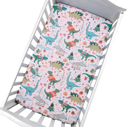 JISEN Christmas Crib Sheet Dinosaurs Fitted Crib Sheets 1 Piece Soft Baby Crib Sheets for Standard Crib and Toddler Mattress Pink Baby Bed Sheets for Crib for Baby Boys Girls Neutral 28x52 Inch