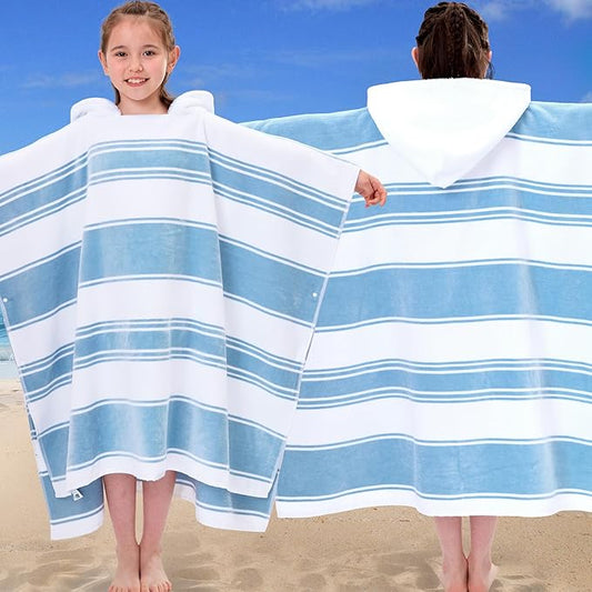 VOOVA & MOVAS Hooded Poncho Towels for Big Kids Boys (8-16Years), 100% Cotton Thick Poncho Towel Robe for Kids, Perfect for Pool, Beach, Bath and Gifts, Blue White Stripe