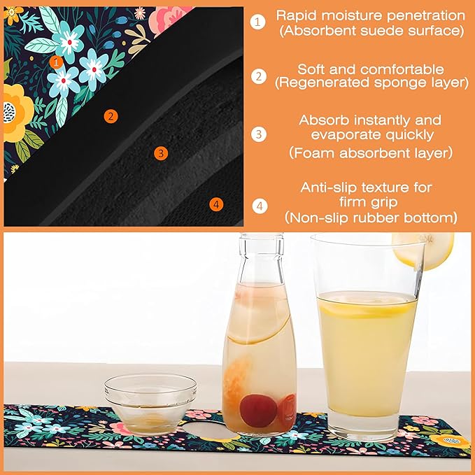 Kitchen Faucet Mat Bright Colorful Flowers Kitchen Sink Splash Guard Faucet Mat,1 PC Splash Guard Behind Faucet Drip Catcher for Kitchen,Dish Drying Mat,Bathroom Faucet Mat 15.5""X5.5""