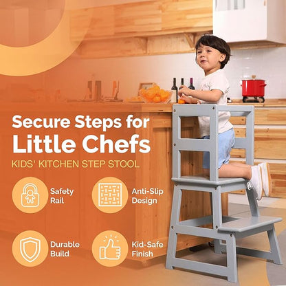 SDADI Kids Kitchen Step Stool Holds up to 150 Pounds with Safety Rail, Wide Platform Design, 4 Anti Slip Strips for 18 to 36 Months Old, Gray