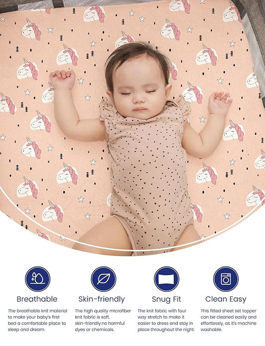 TotAha Premium Soft Unicorn Pack n Play Sheets, Super Stretchy Jersey Knit Mini Crib Sheets Fitted, Silky Comfort Graco Pack and Play Mattress Sheets, 2 Pack