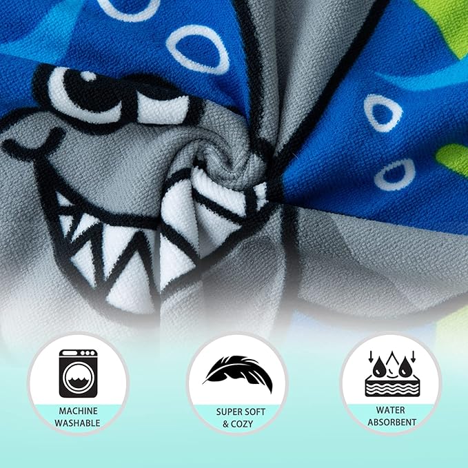 NovForth Kids Beach Towel for Boys Girls, Shark Hooded Bath Towel Wrap, Toddler Pool Towel with Hood