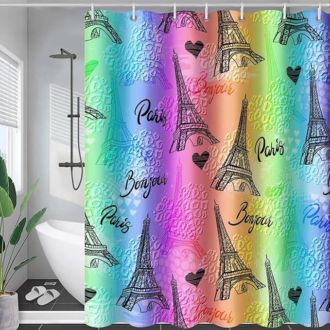 AILONEN Rainbow Shower Curtain for Bathroom, Rainbow Gradient Eiffel Tower Printed Bath Curtain,Women Girls Kids Minimalist Waterproof Fabric Shower Curtain Set with Hooks 72" W*78" H