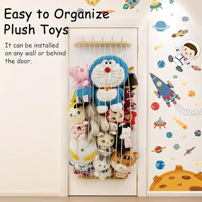Stuffed Animal Storage Wood Plush Toys Holder with Hooks, Length Adjustable Hanging Stuffed Animal Toy Organizer Shelf for Nursery Kid Room Play Room Bedroom