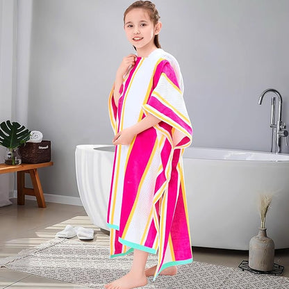 VOOVA & MOVAS Hooded Beach Towels for Boys| Girls | Teens (8-16Years), 100% Cotton Thick Poncho Towel Robe for Kids, Perfect for Pool, Beach, Bath and Gifts,Red Yellow Stripe