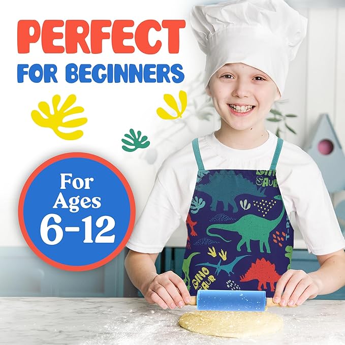 Osmi Complete Kids Baking Set - 14pc Dinosaur Chef Baking Kit - Premium Kid Cooking Gift Set w/ Real Utensils for Boys and Girls 4-12 - Bake Cookies, Cakes, and Cupcakes (Dino Theme)