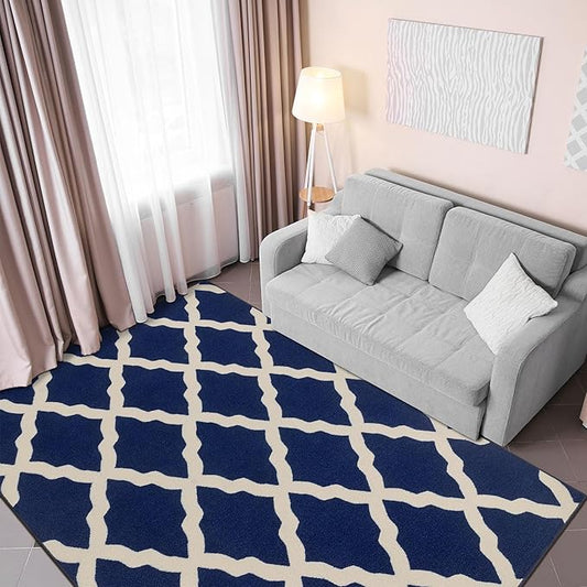 Ottomanson Glamour Collection Non-Slip Rubberback Moroccan Trellis Design 5x7 Indoor Area Rug, 5' x 6'6", Navy