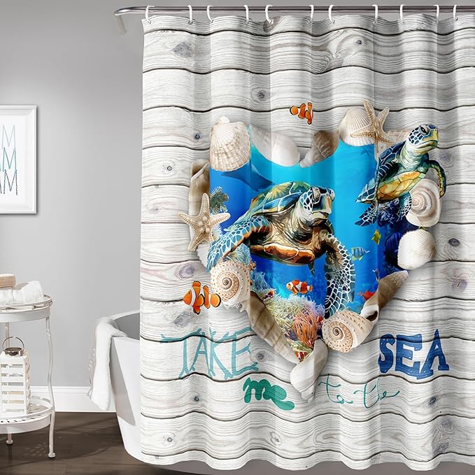 AILONEN 3D Printed Sea Turtle Shower Curtain, Ocean Coast Wooden Style Bathroom Curtain,Shell Turtle Bath Curtain 60" W*72" H Polyester Waterproof Bathroom Curtain with 12 Hooks