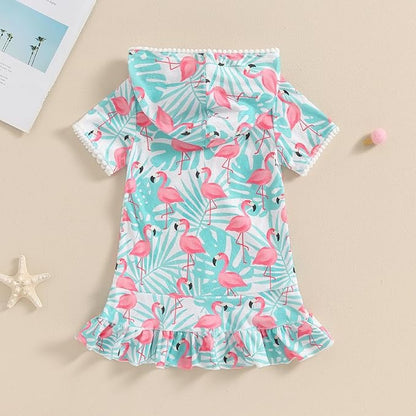 Toddler Beach Towel with Hood Kids Waffle Swim Cover Up Bath Towel Surf Poncho Boys Girls Hooded Beach Towel (Green Flamingo, 5-6 Years)