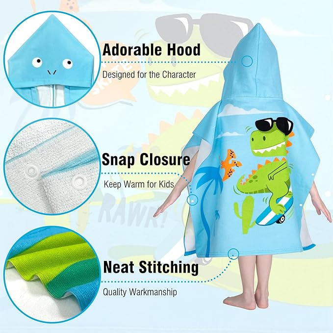 Hooded Kids Beach Towels - Toddler Bath Towel Girls Boys Swim Cover-ups for Ages 4 to 10 Kids Pool Towels Quick Dry Lightweight Soft Microfiber Poncho 30x30 with Bag (Dino Skating)