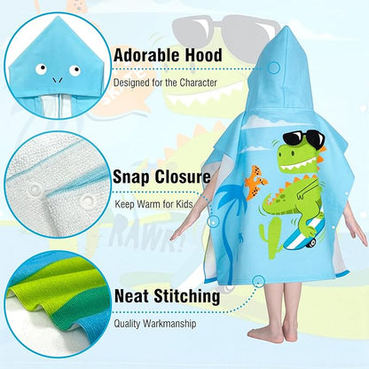 Hooded Kids Beach Towels - Toddler Bath Towel Girls Boys Swim Cover-ups for Ages 4 to 10 Kids Pool Towels Quick Dry Lightweight Soft Microfiber Poncho 30x30 with Bag (Dino Skating)