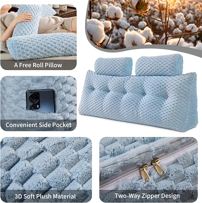 Wedge Headboard Pillow - Bed Wedge Pillow for Headboard Triangular Headboard Pillow with Neck Roll Pillow-Large Bolster Pillow for Sitting in Bed Backrest Positioning Support (Blue,59x8x20 Inches)