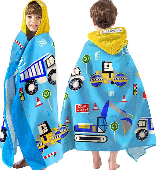 VOOVA & MOVAS Kids Towels Age 3-10, Soft | Thick | 100% Cotton, Large Absorbent Beach, Bath, Pool, Swim Towels | Cover up for Boys | Excavator Vehicle