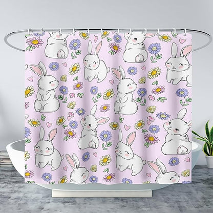 AILONEN Rabbit Bunny Shower Curtain for Bathroom,Cute Animal Shower Curtain Colorful Flower Decor Bath Curtain 60" W*72" H Polyester Fabric Waterproof Bathroom Bathtub Curtain with 12 Hooks