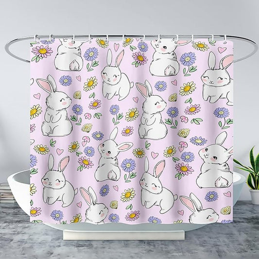 AILONEN Rabbit Bunny Shower Curtain for Bathroom,Cute Animal Shower Curtain Colorful Flower Decor Bath Curtain 60" W*72" H Polyester Fabric Waterproof Bathroom Bathtub Curtain with 12 Hooks