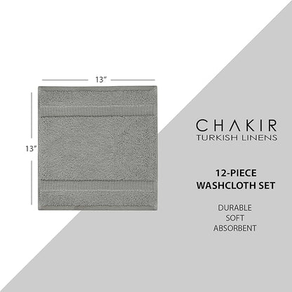Chakir Turkish Linens | Hotel & Spa Quality 100% Cotton Premium Turkish Towels | Soft & Absorbent (12-Piece Washcloths, Gray)