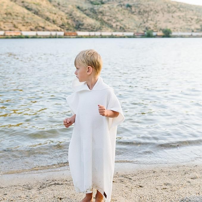 Hooded Towel for Babies + Toddlers | Snaps into a Poncho | Organic Cotton Waffle | Lighweight and Absorbent | Bath, Beach, and Pool | Multiple Colors (Small (0-3 Yrs), Lily White)