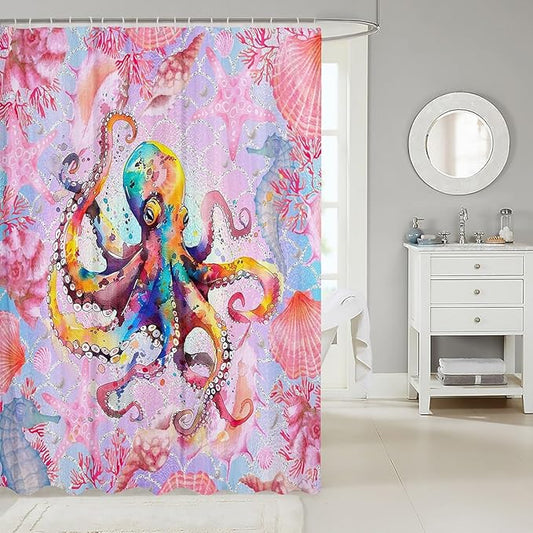 Feelyou Watercolor Octopus Fabric Shower Curtain Under Sea Animals Themed Shower Curtain for Kids Pink Shells and Corals Bathroom Waterproof Accessories with 12 Hooks Ombre Curtains,72X72 Inches