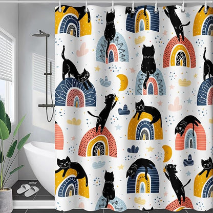 AILONEN Cat Shower Curtain, Rainbow Cat Bath Curtain,Cute Black Cat Bathroom Curtain Decor,Cat Lover Polyester Waterproof 48" W*72" H Shower Curtain (12 Hooks)