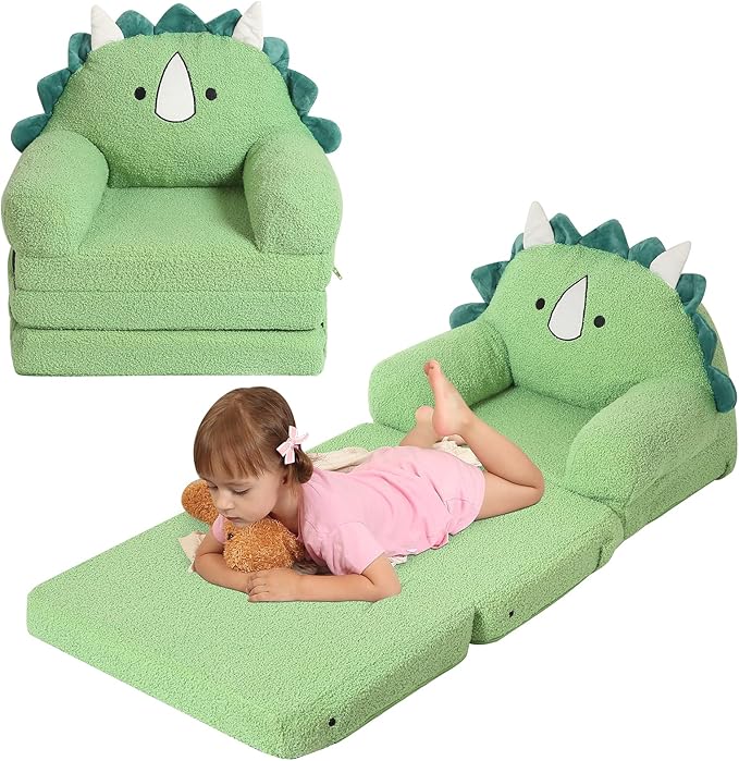 Foldable Kids Sofa, Triceratops Toddler Couch with Tri Folding Foam Cushions, Comfy Kids Couch for Kids Age 18 Months and Up