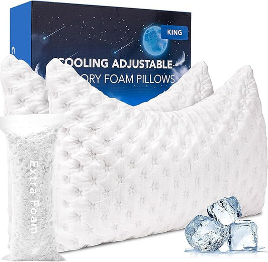 Cooling Side Sleeper Pillow for Neck and Shoulder Pain, Luxury Shredded Memory Foam Curved Bed Pillows for Sleeping Set of 2- Adjustable King Size- Washable Cover Crescent White